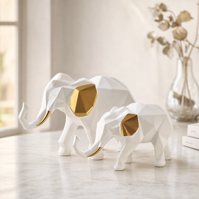 Geometric Elephant Figurine Set of 2 — White & Gold