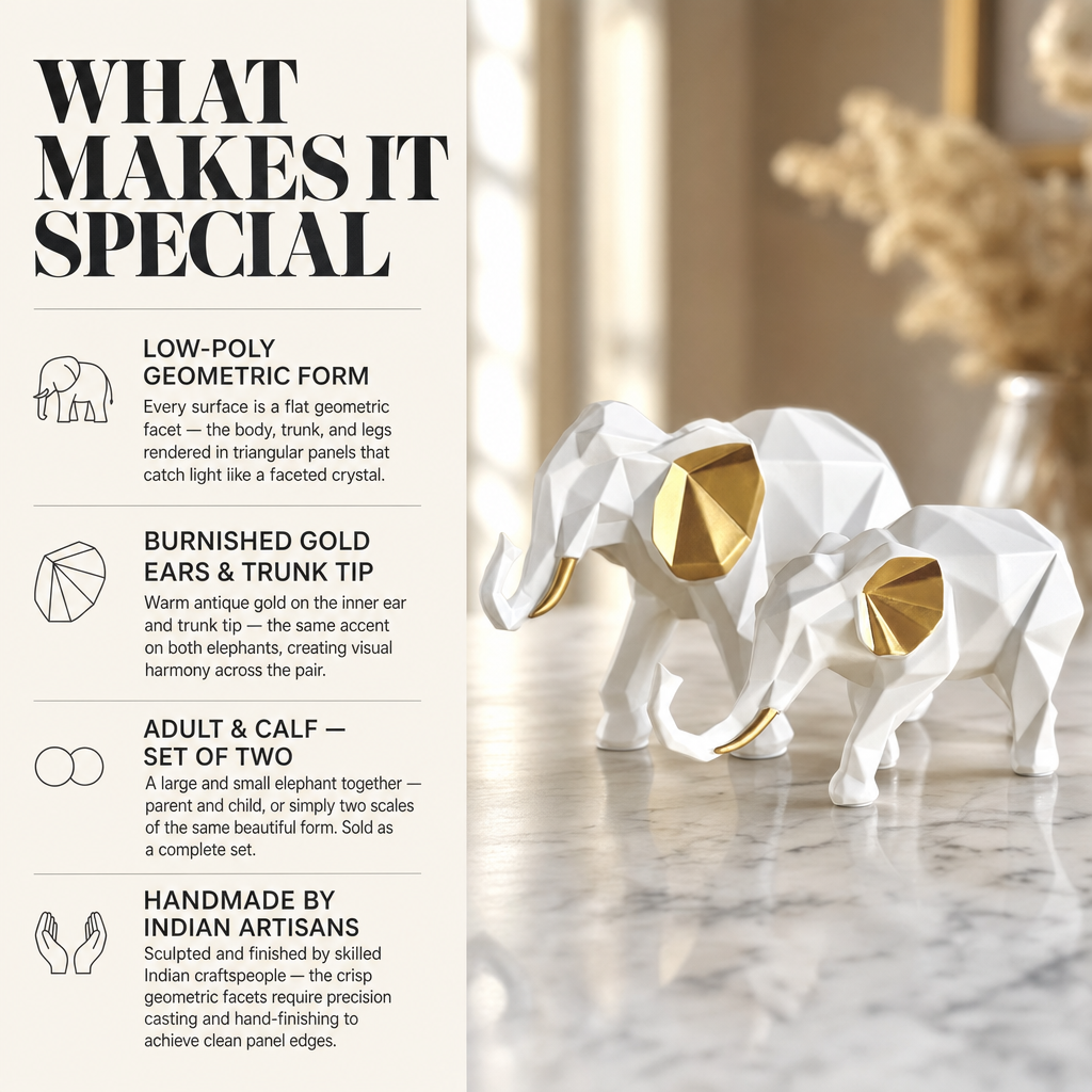 Geometric Elephant Figurine Set of 2 — White & Gold