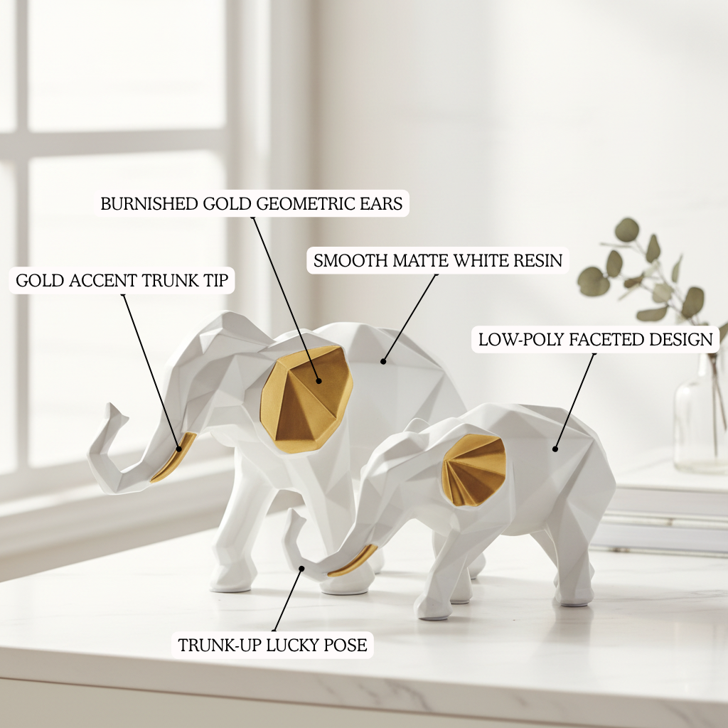 Geometric Elephant Figurine Set of 2 — White & Gold