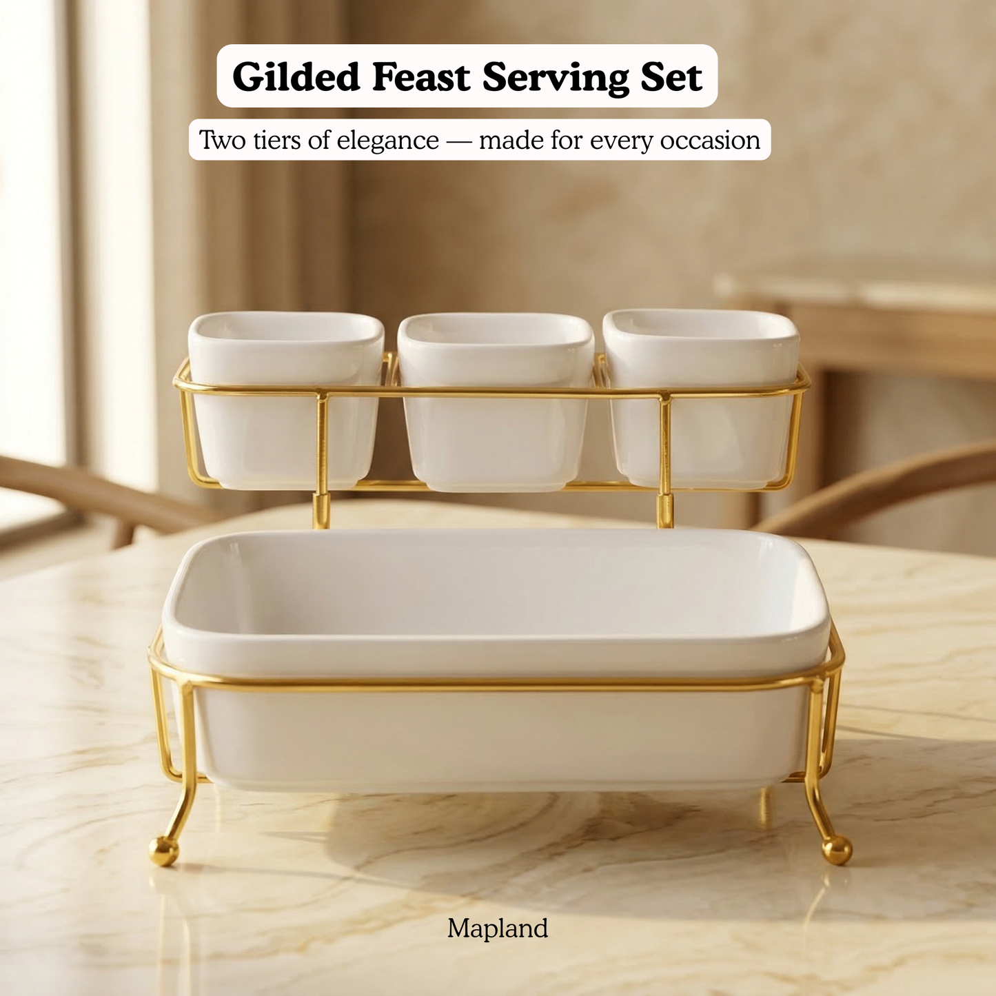 Gilded Feast 2-Tier Ceramic Serving Set — side view — handmade artisan home decor | Mapland