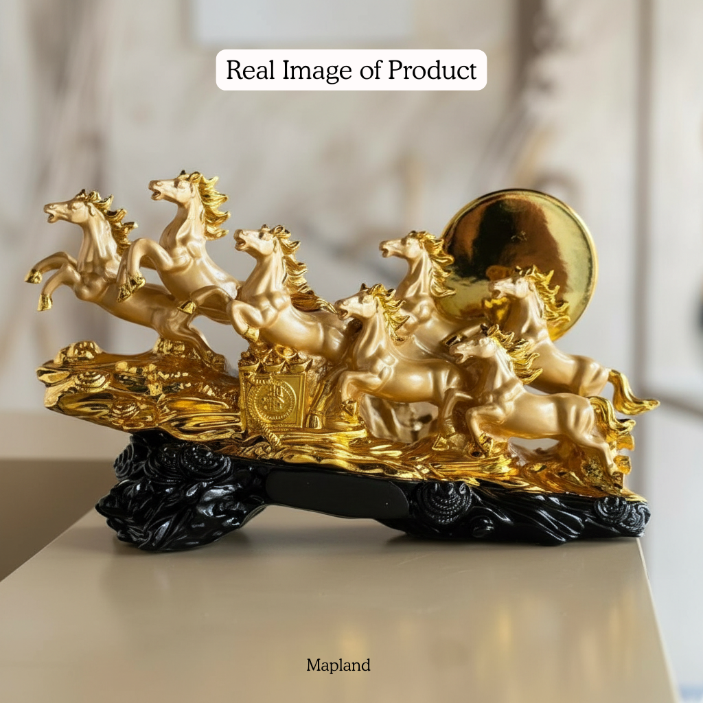 Gold Chariot with horses sculpture on a white surface, brand 'Mapland' visible