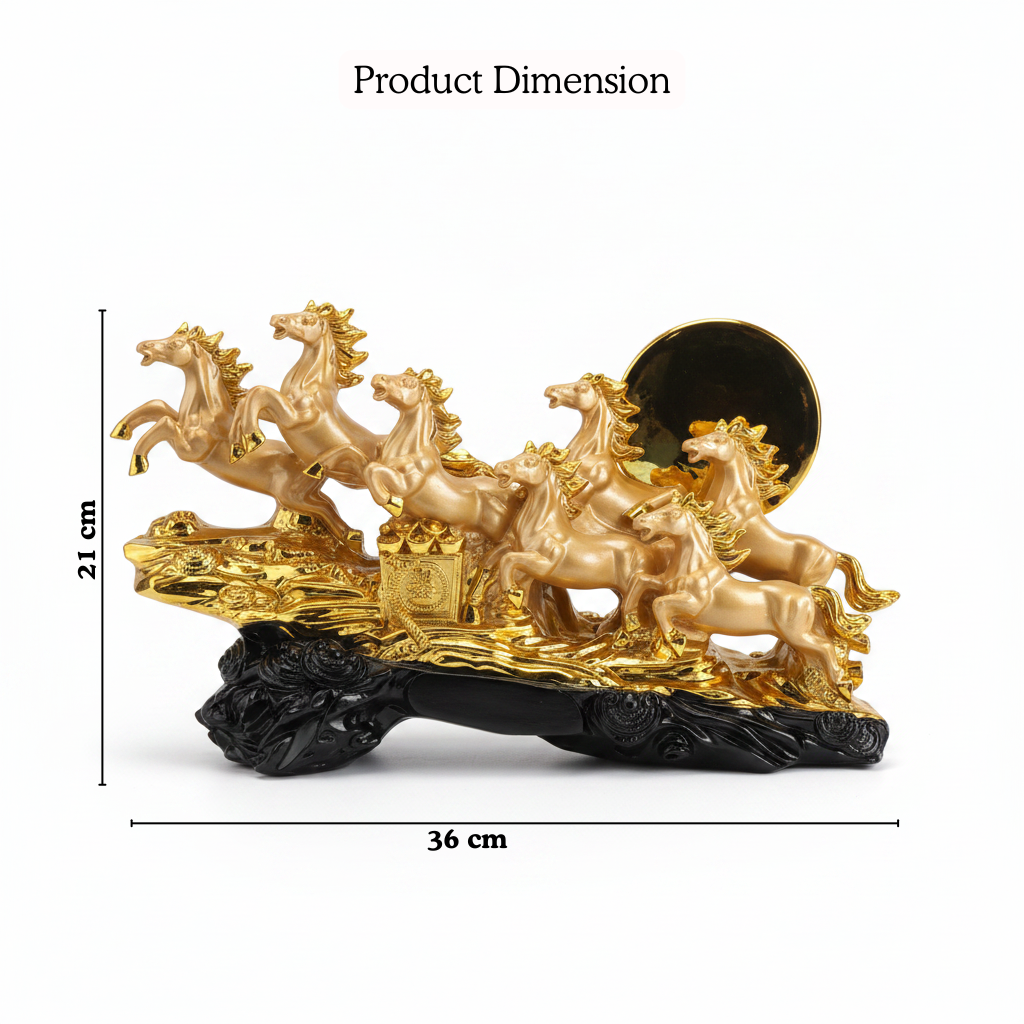 Gold chariot with four horses and black base, shown with dimensions on a white background
