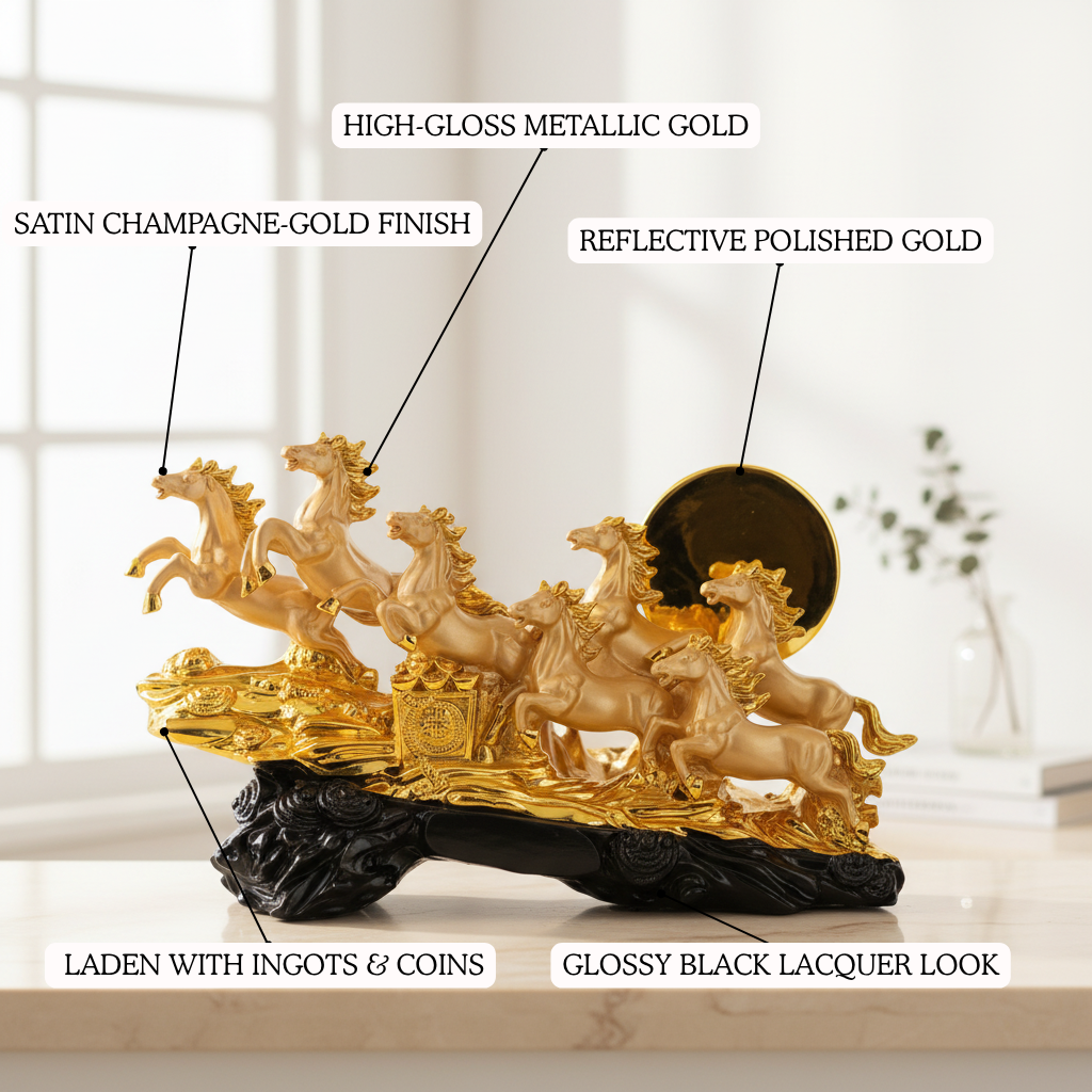 Decorative gold sculpture with horses on a black base, labeled with finishes and details.