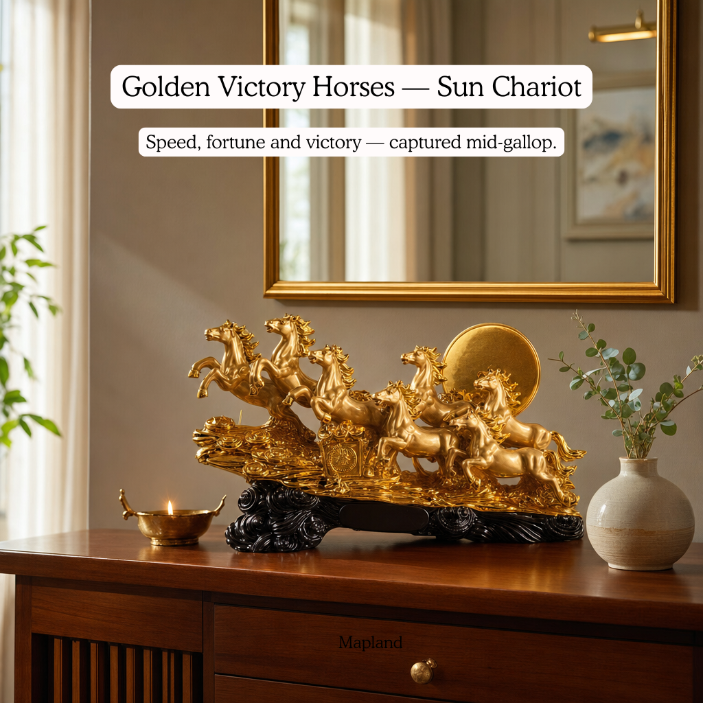 Decorative golden sculpture of horses on a wooden table with text overlay