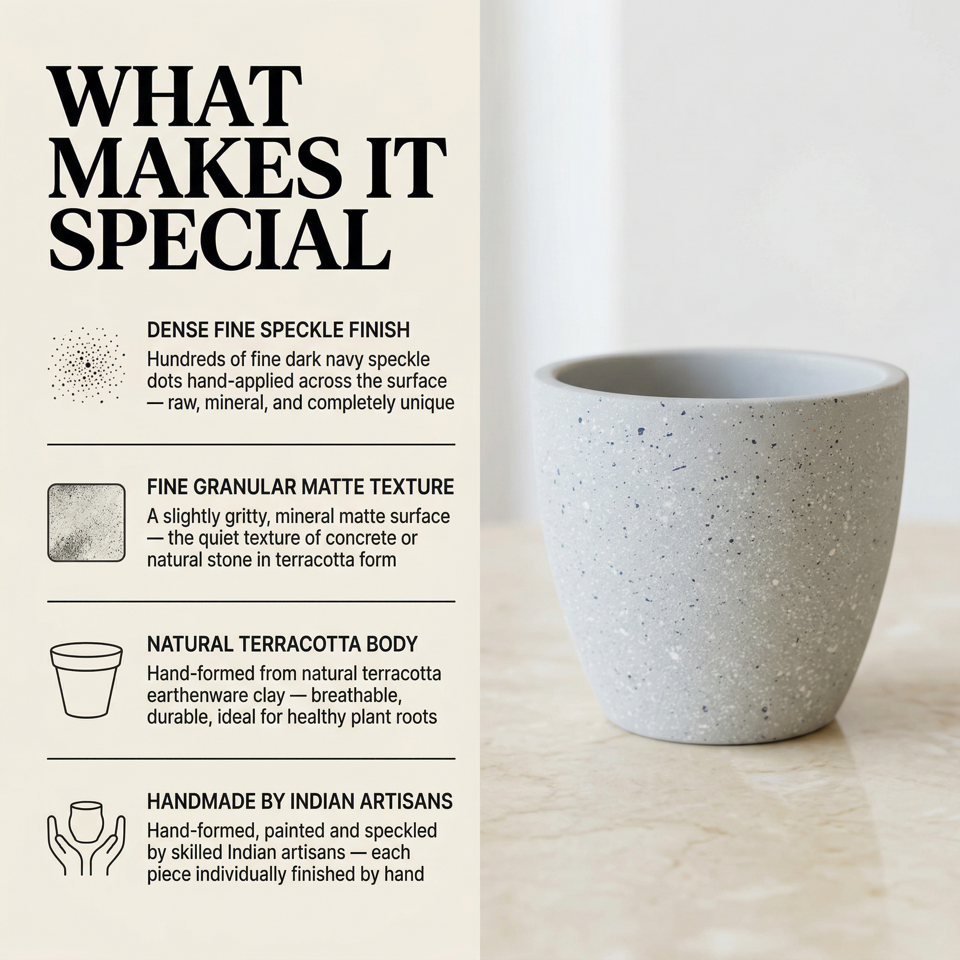 Grey Speckle Terracotta Planter handmade ceramic planter — lifestyle view, Indian artisan craft | Mapland