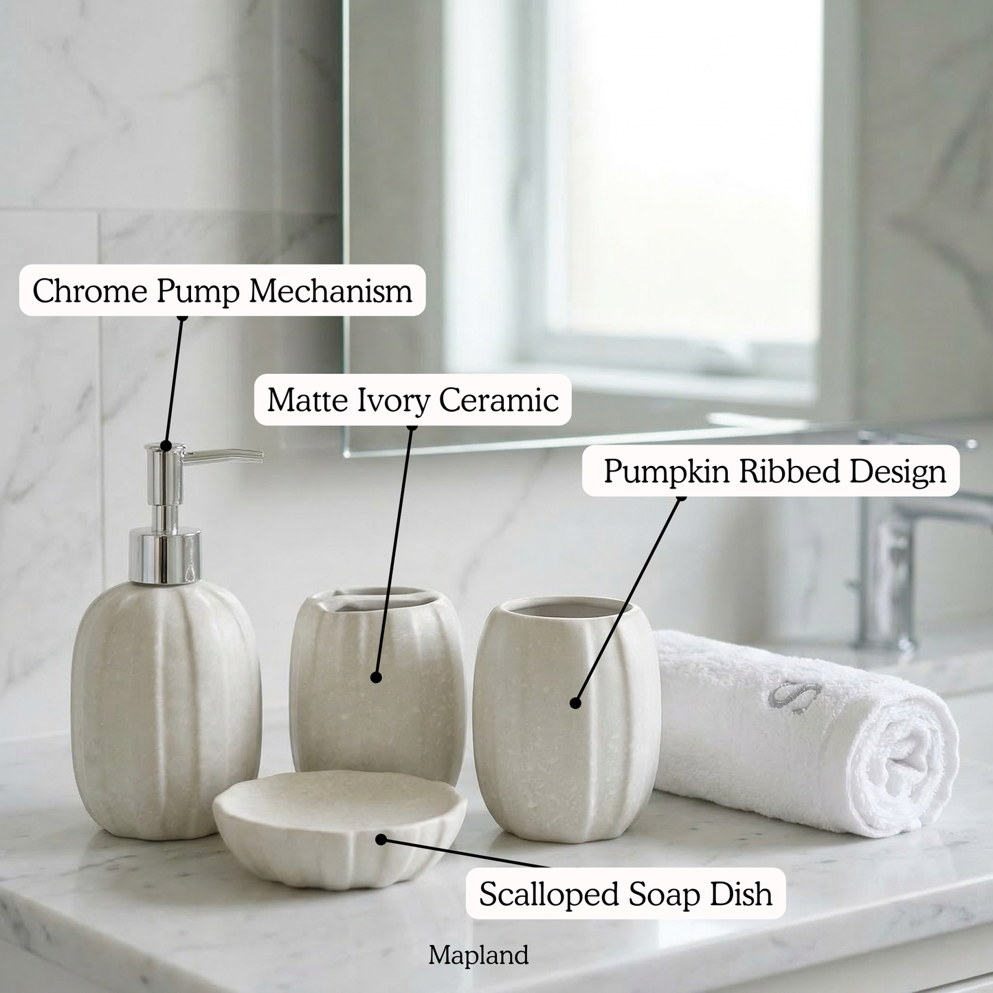 Serene Stone 4-Piece Bathroom Accessories Set | Soap Dispenser, Toothbrush Holder, Tumbler & Soap Dish — top view — handmade artisan home decor | Mapland