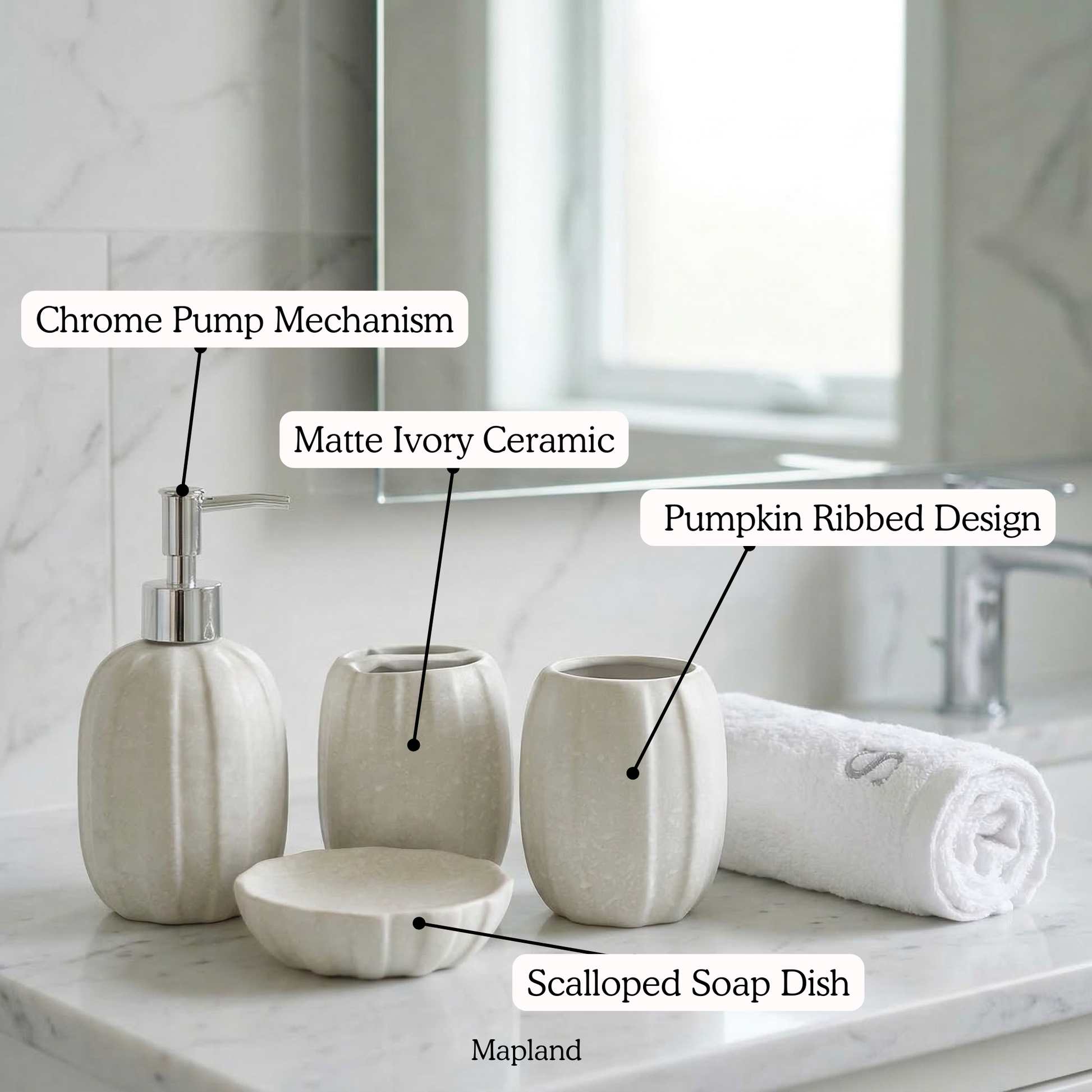 Serene Stone 4-Piece Bathroom Accessories Set | Soap Dispenser, Toothbrush Holder, Tumbler & Soap Dish — top view — handmade artisan home decor | Mapland