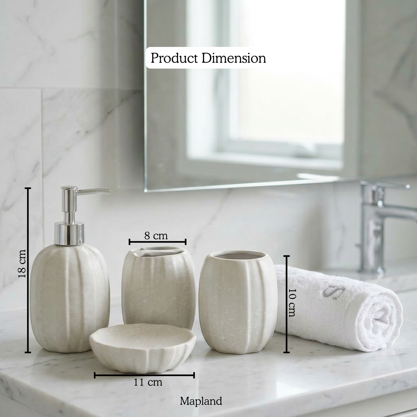 Serene Stone 4-Piece Bathroom Accessories Set | Soap Dispenser, Toothbrush Holder, Tumbler & Soap Dish — detail view — handmade artisan home decor | Mapland