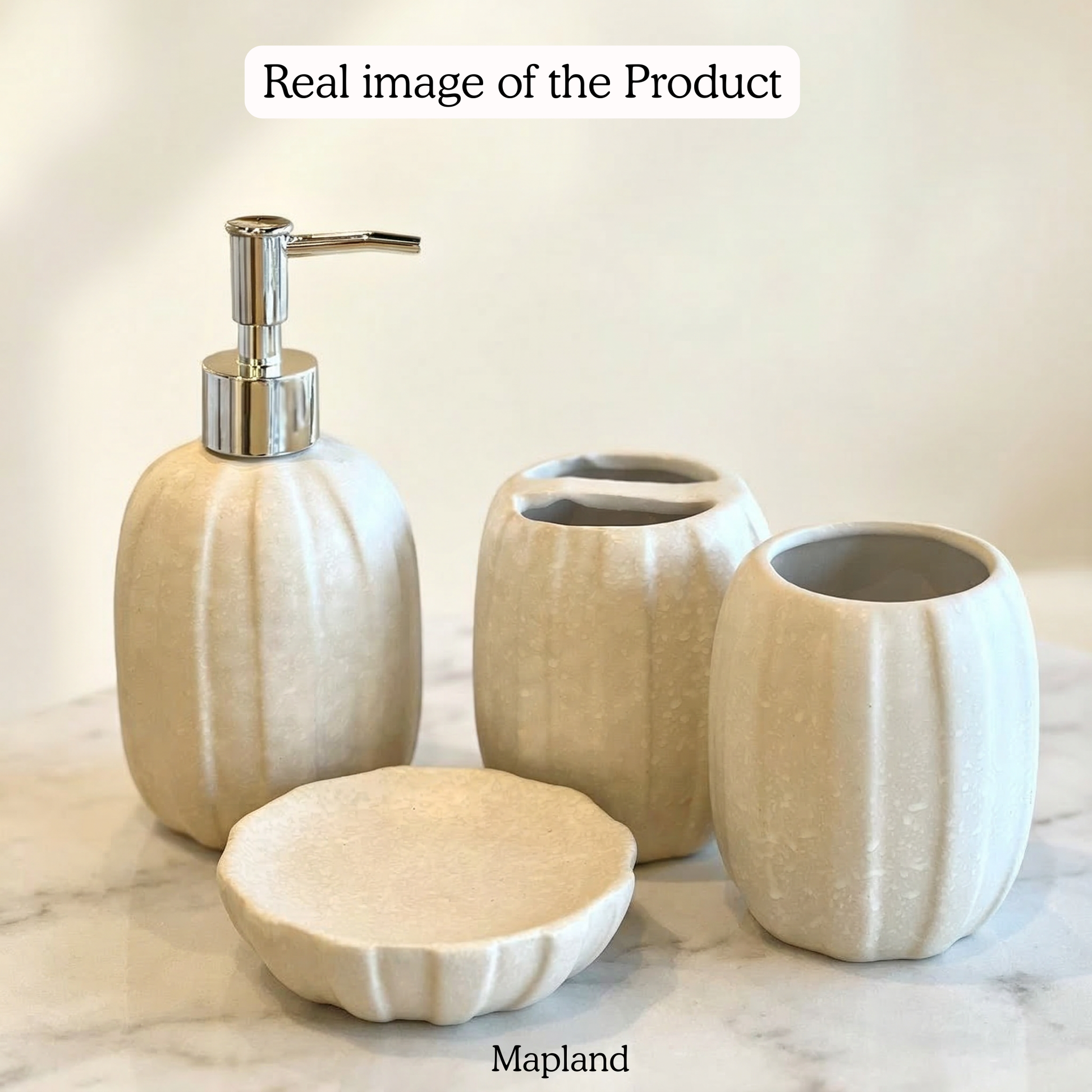 Serene Stone 4-Piece Bathroom Accessories Set | Soap Dispenser, Toothbrush Holder, Tumbler & Soap Dish — angle view — handmade artisan home decor | Mapland