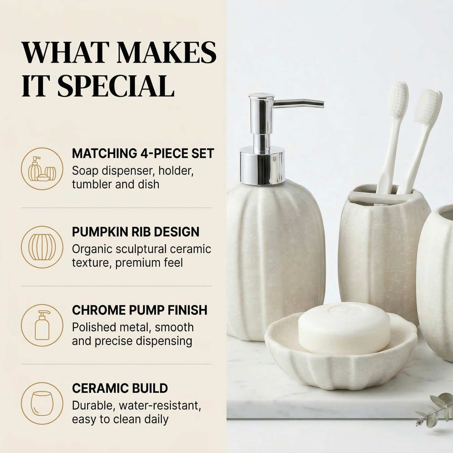 Serene Stone 4-Piece Bathroom Accessories Set | Soap Dispenser, Toothbrush Holder, Tumbler & Soap Dish — lifestyle view — handmade artisan home decor | Mapland
