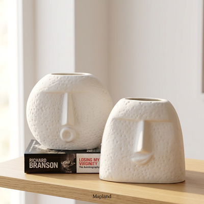 Dual white abstract face ceramic vase set — handmade ceramic vase | Mapland Design Studio