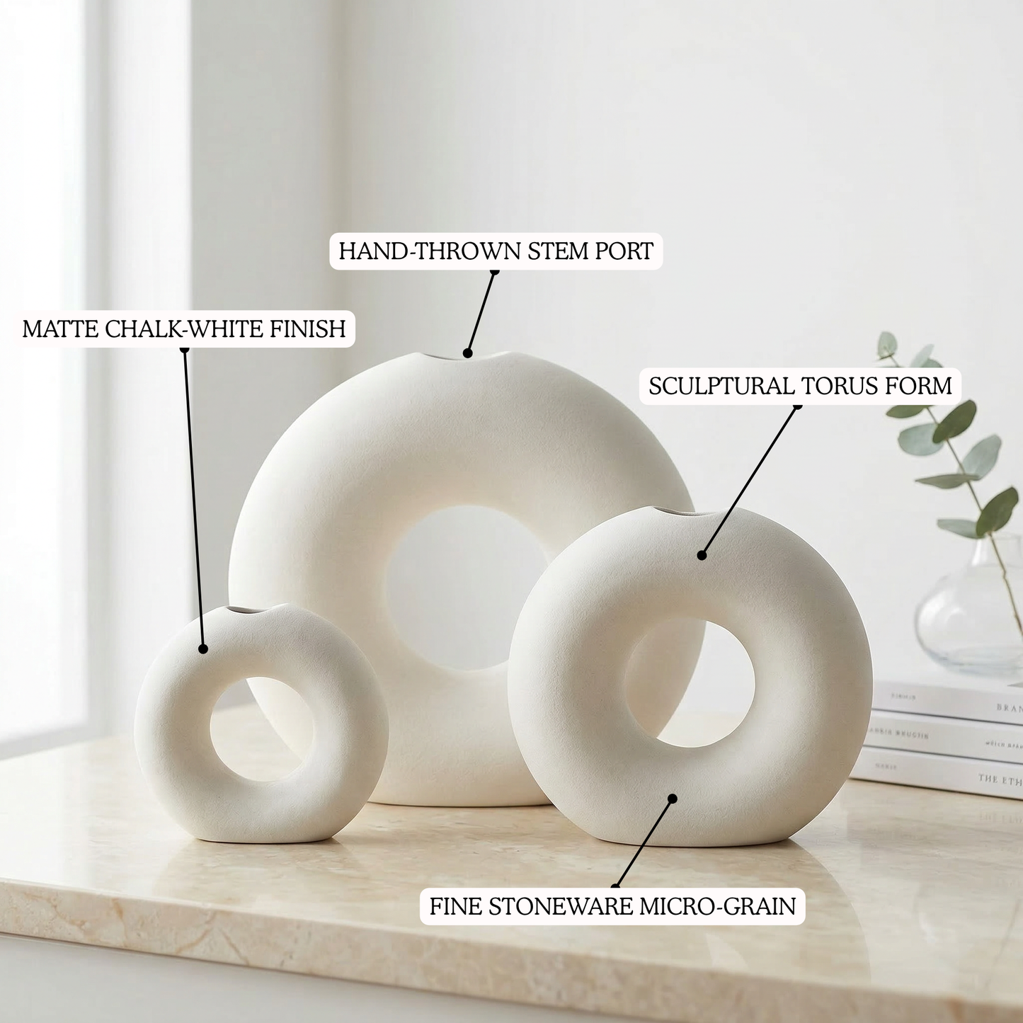 Halo Donut Vases — Set of 3 handmade ceramic vase — top view, Indian artisan craft | Mapland