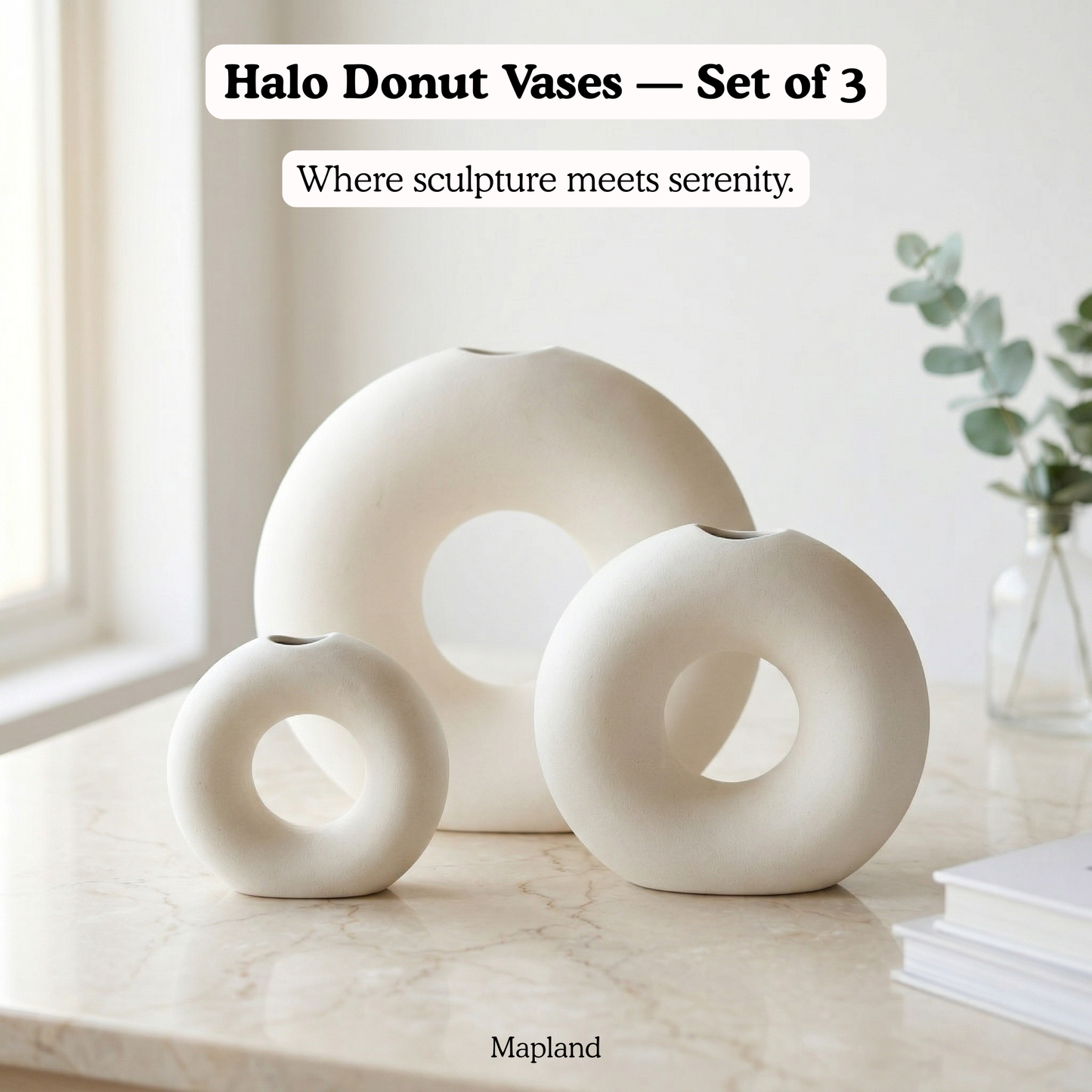 Halo Donut Vases — Set of 3 handmade ceramic vase — side view, Indian artisan craft | Mapland