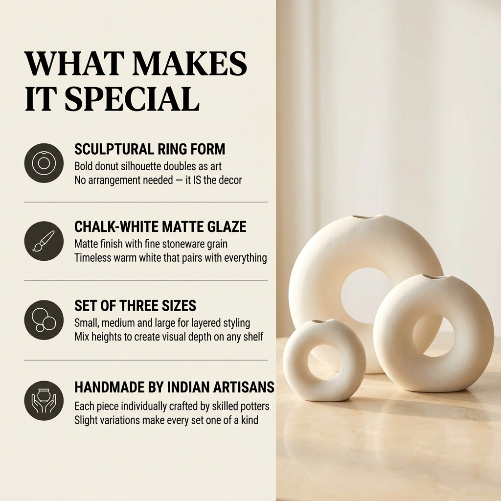 Halo Donut Vases — Set of 3 handmade ceramic vase — lifestyle view, Indian artisan craft | Mapland