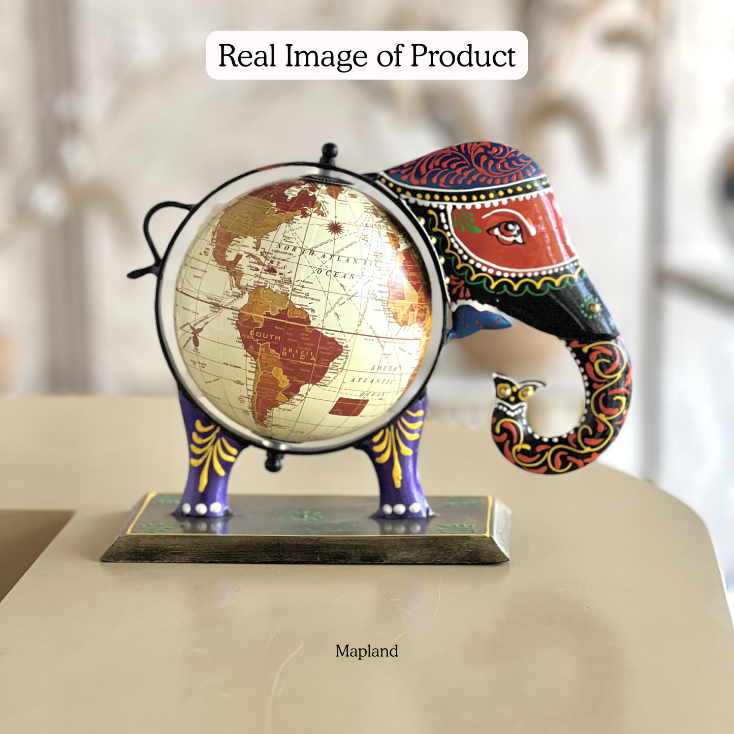 Hand-Painted Elephant Globe Figurine