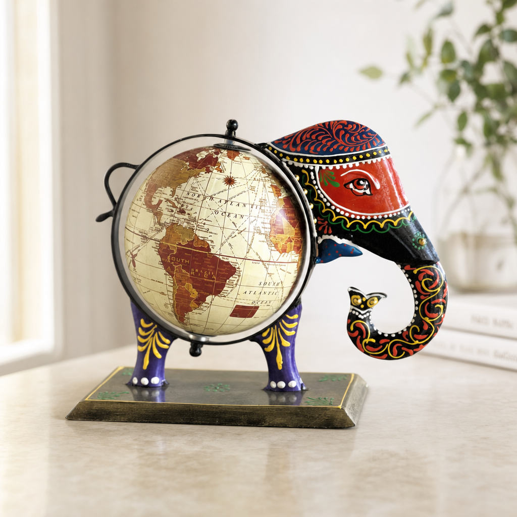 Hand-Painted Elephant Globe Figurine
