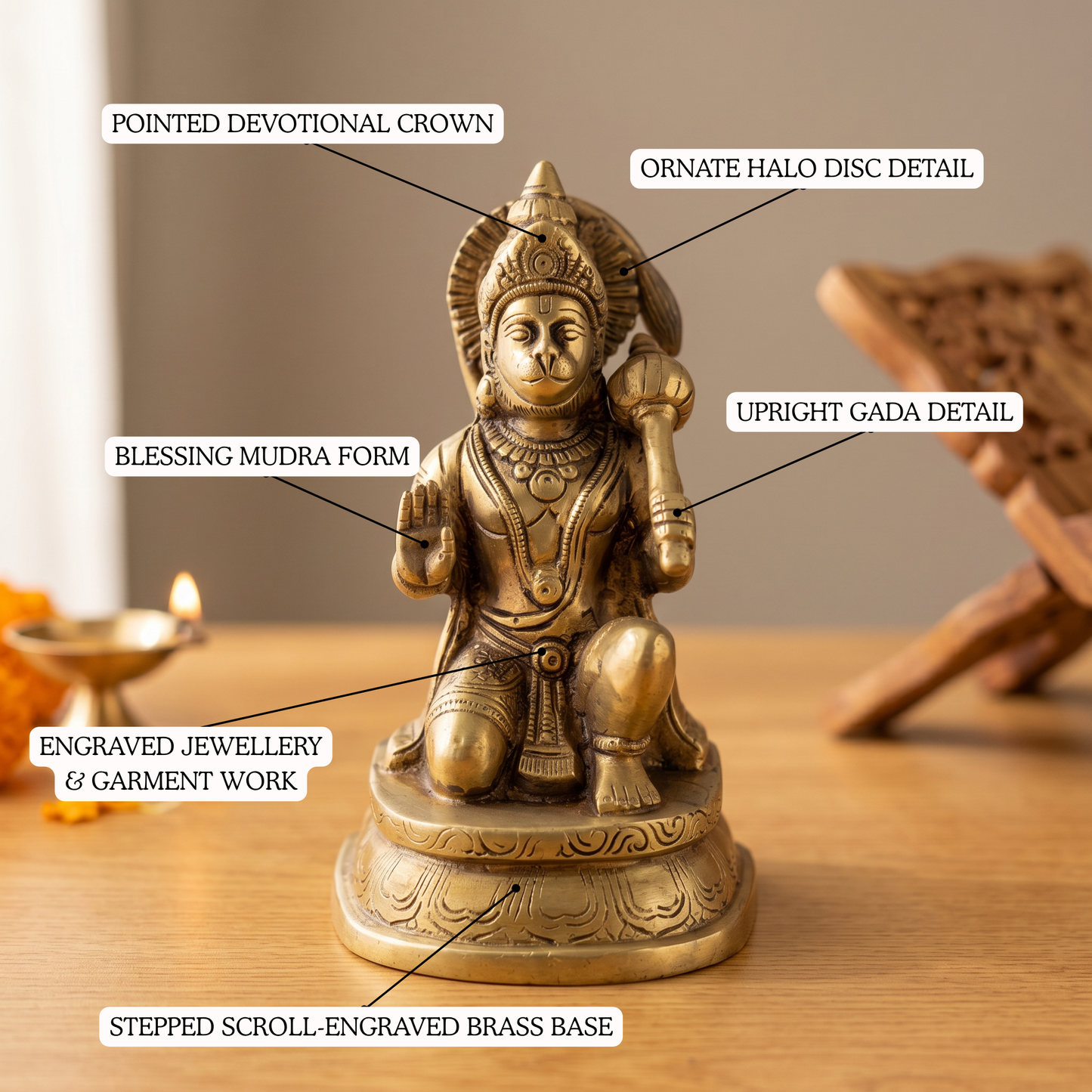 Hanuman Ji brass idol crown and jewellery detailing | Mapland