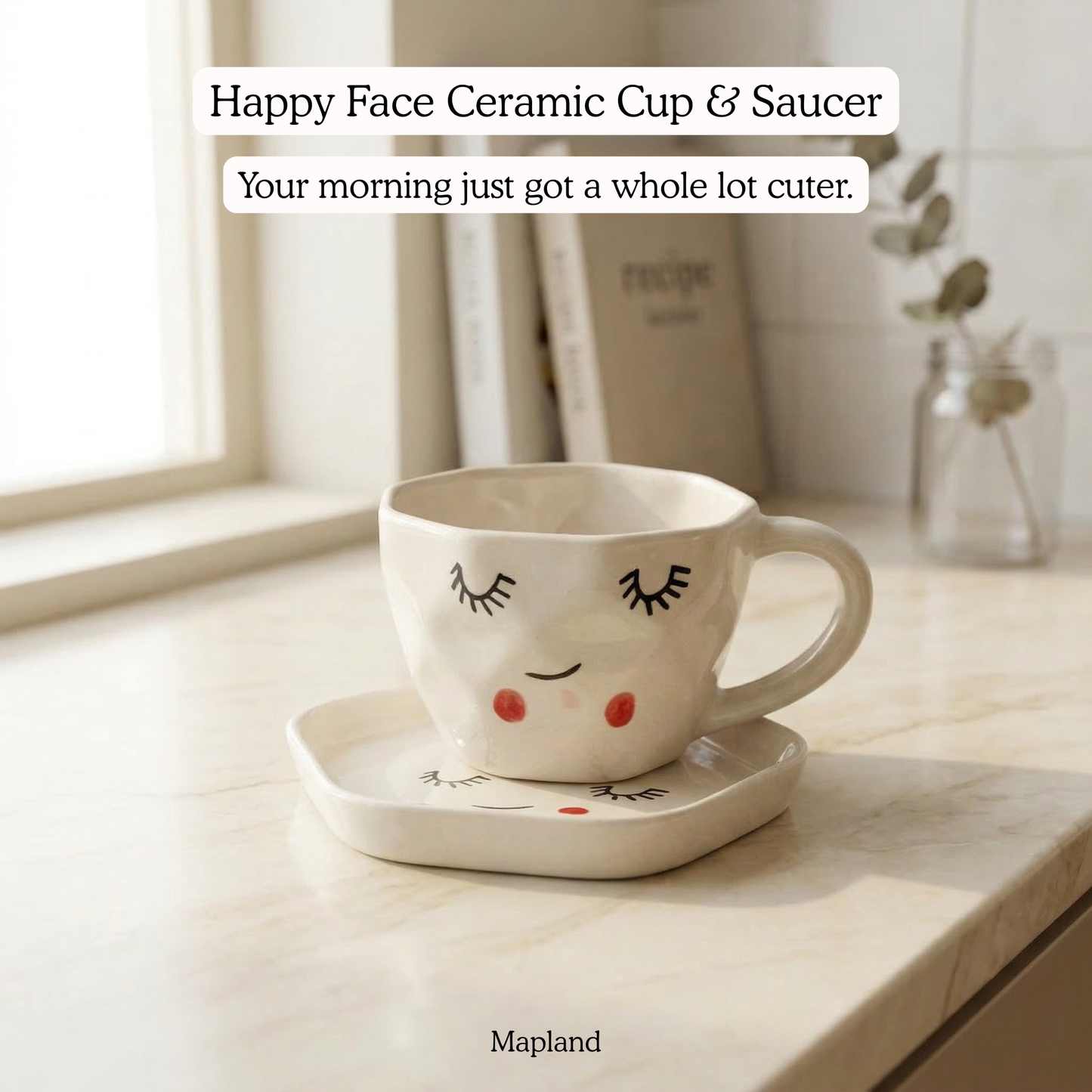 Happy Face Ceramic Cup & Saucer - Mapland