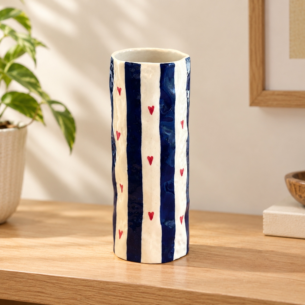 Heart Stripe Tumbler ceramic vase in blue stripes with small red hearts on a light oak shelf