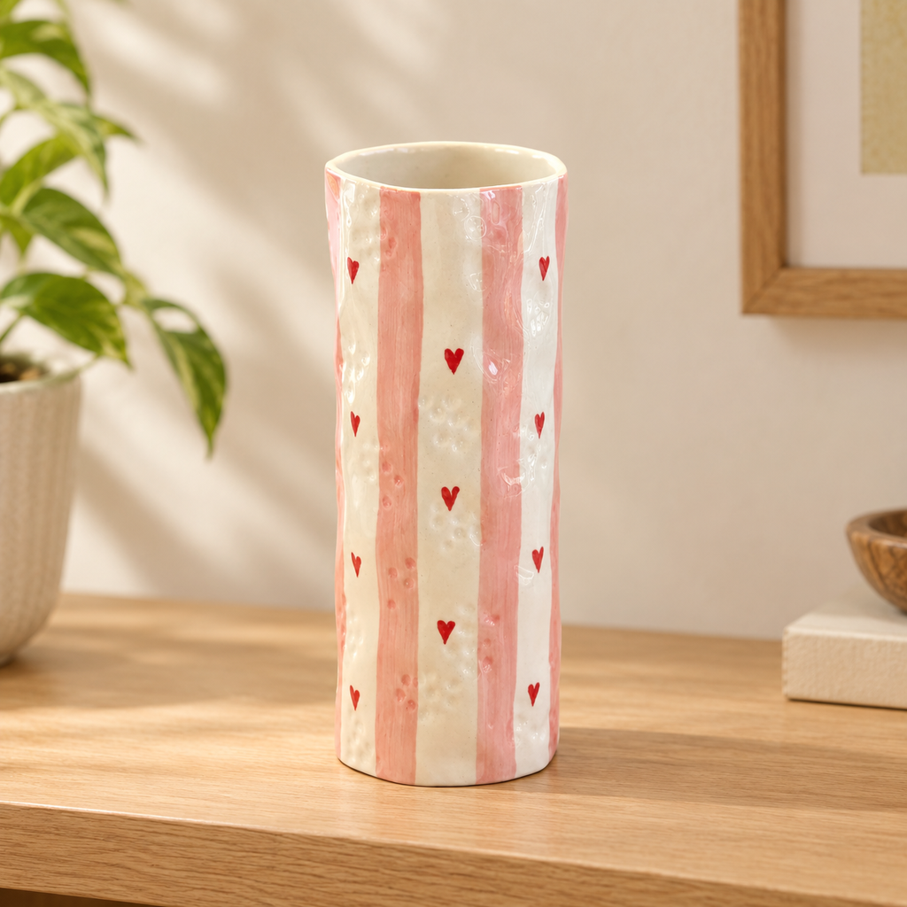 Heart Stripe Tumbler ceramic vase in pink stripes with small red hearts on a light oak shelf