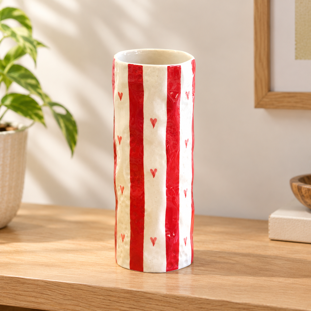 Heart Stripe Tumbler ceramic vase in red stripes with small red hearts on a light oak shelf