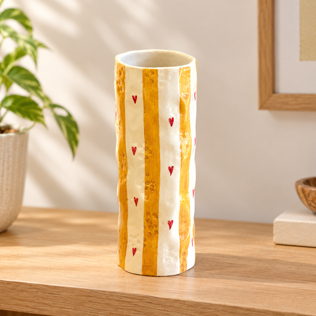 Heart Stripe Tumbler ceramic vase in yellow stripes with small red hearts on a light oak shelf