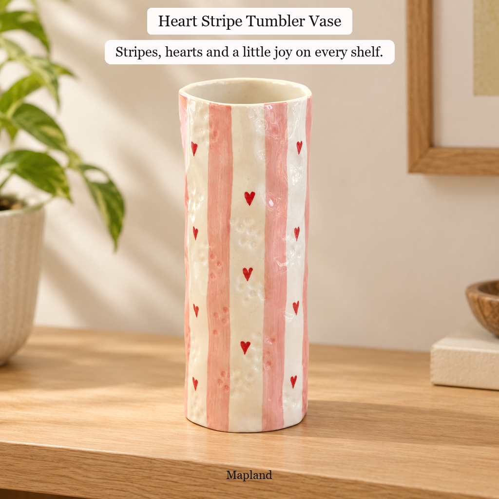 Heart Stripe Tumbler Vase by Mapland, pink stripes, on a light oak shelf