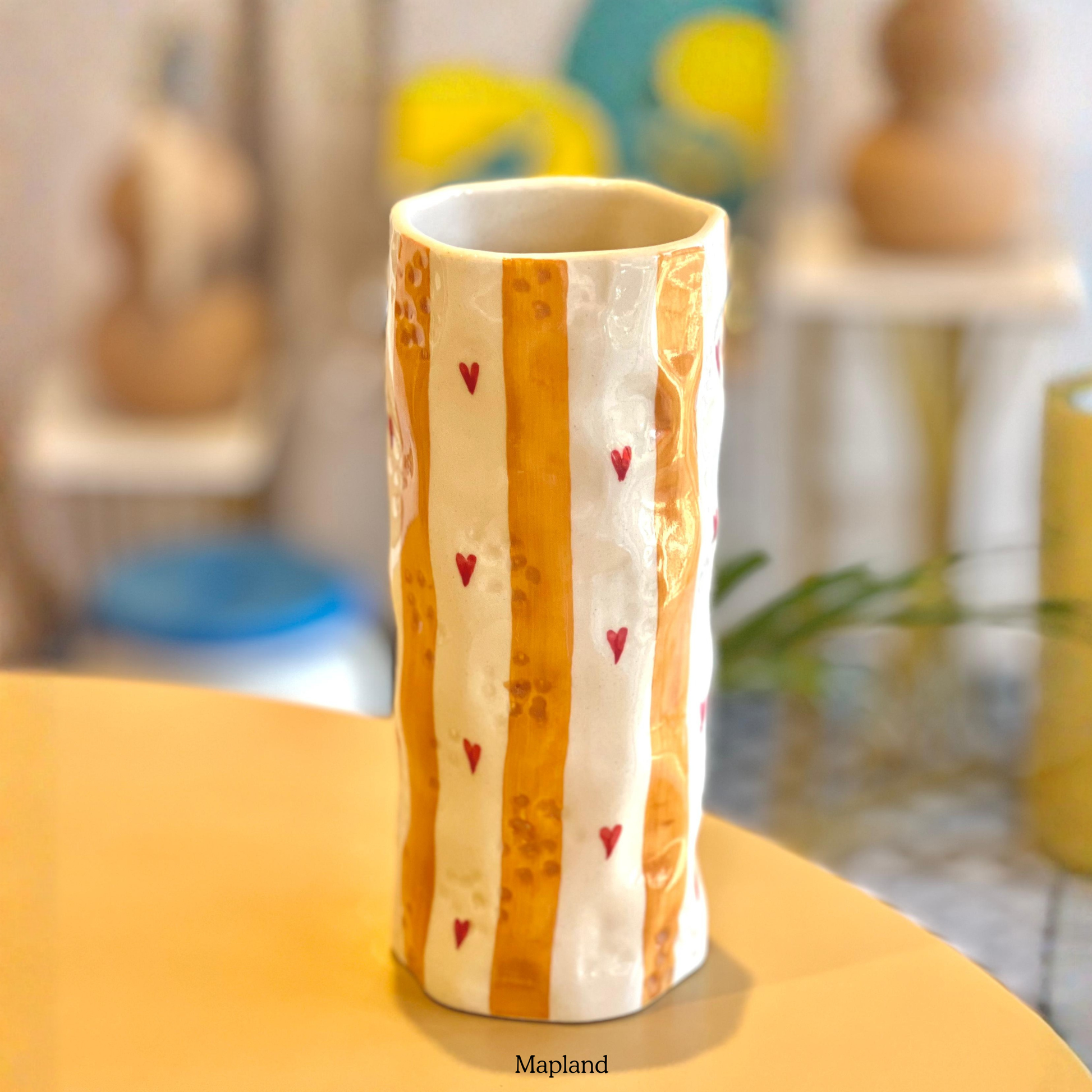 Heart Stripe Tumbler Vase handmade ceramic vase — lifestyle view, Indian artisan craft | Mapland