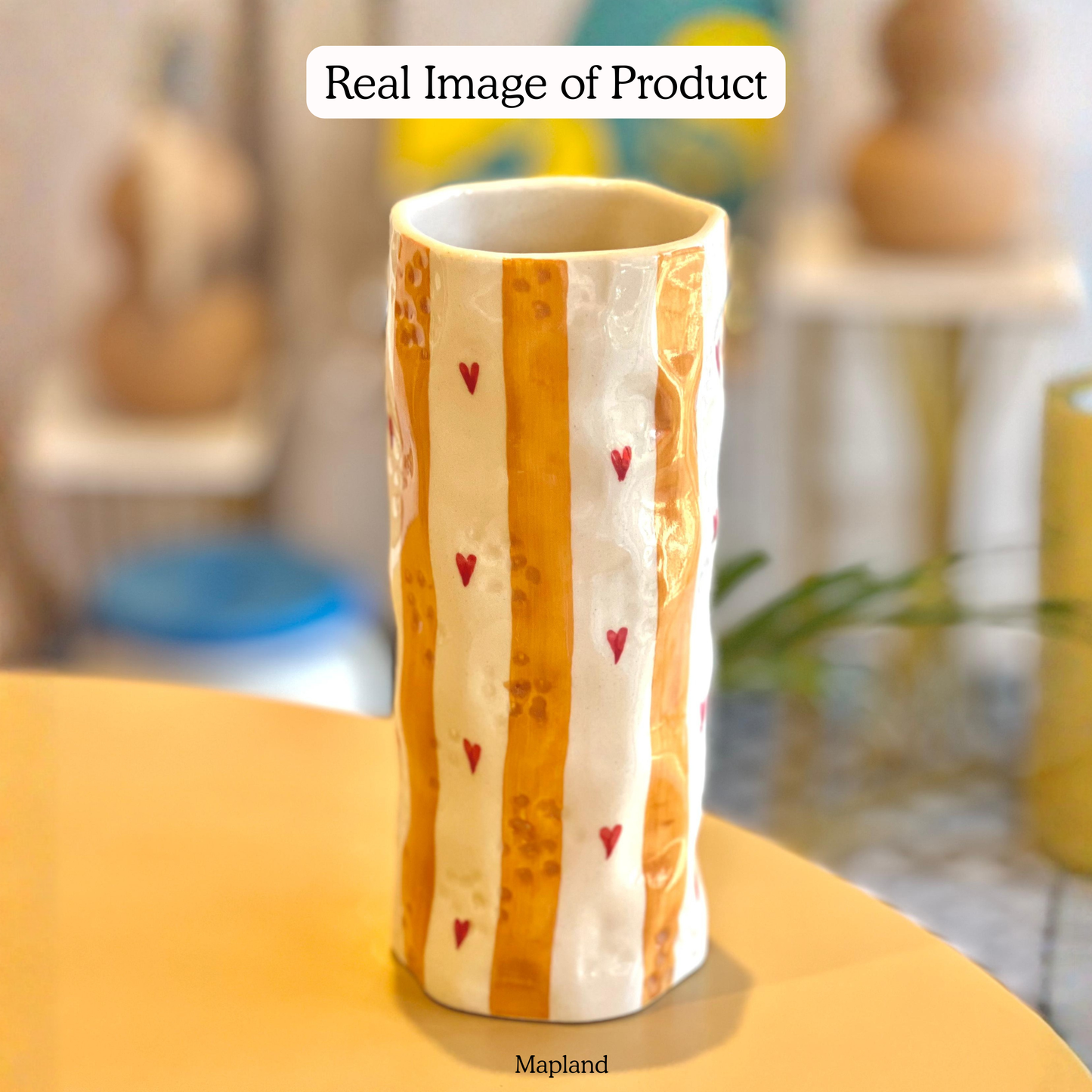 Heart Stripe Tumbler Vase handmade ceramic vase — angle view, Indian artisan craft | Mapland