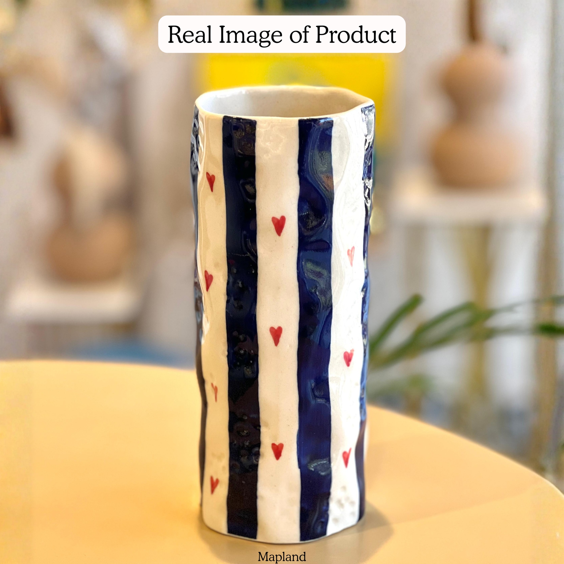 Heart Stripe Tumbler Vase handmade ceramic vase — side view, Indian artisan craft | Mapland