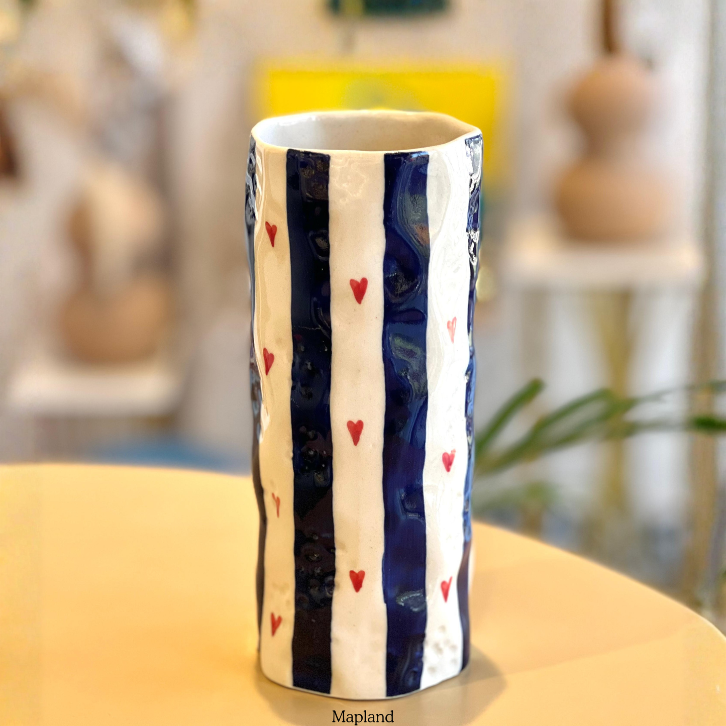 Heart Stripe Tumbler Vase handmade ceramic vase — front view, Indian artisan craft | Mapland