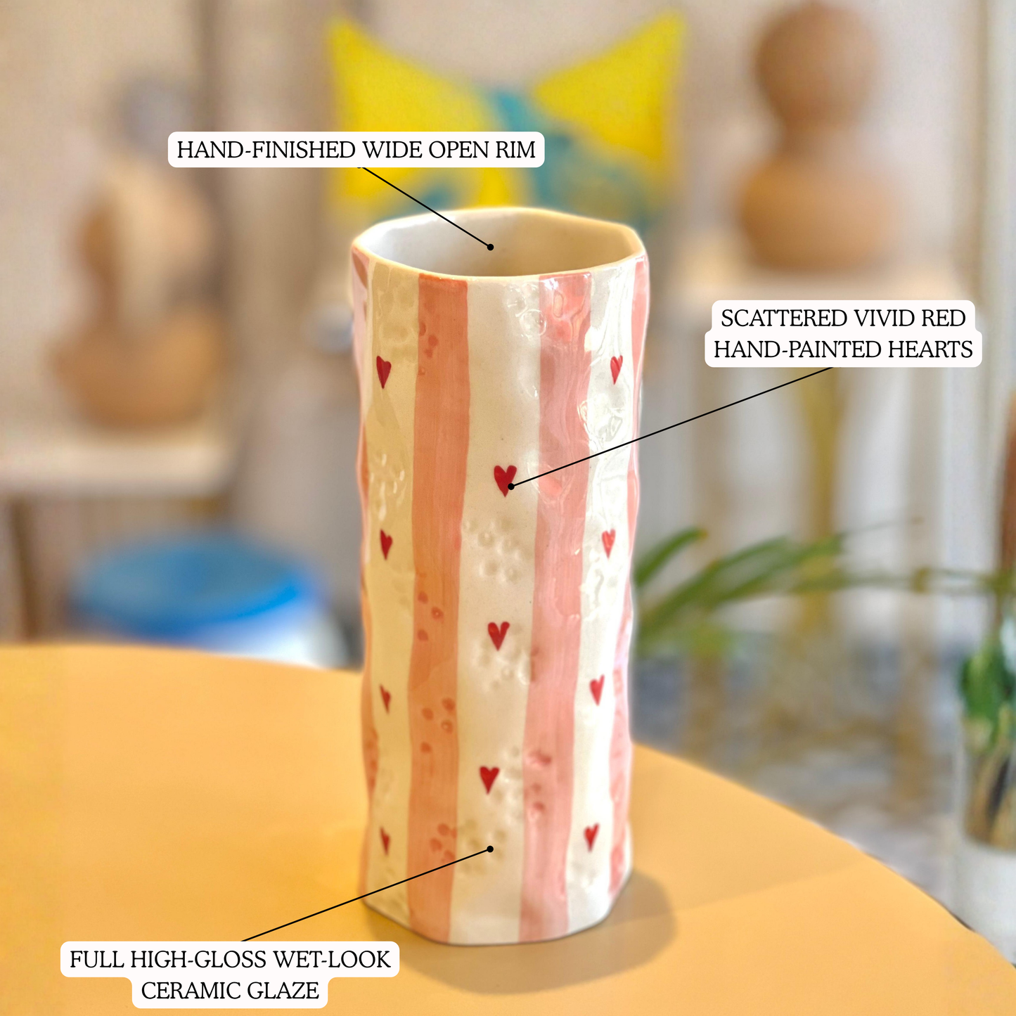 Heart Stripe Tumbler Vase handmade ceramic vase — top view, Indian artisan craft | Mapland