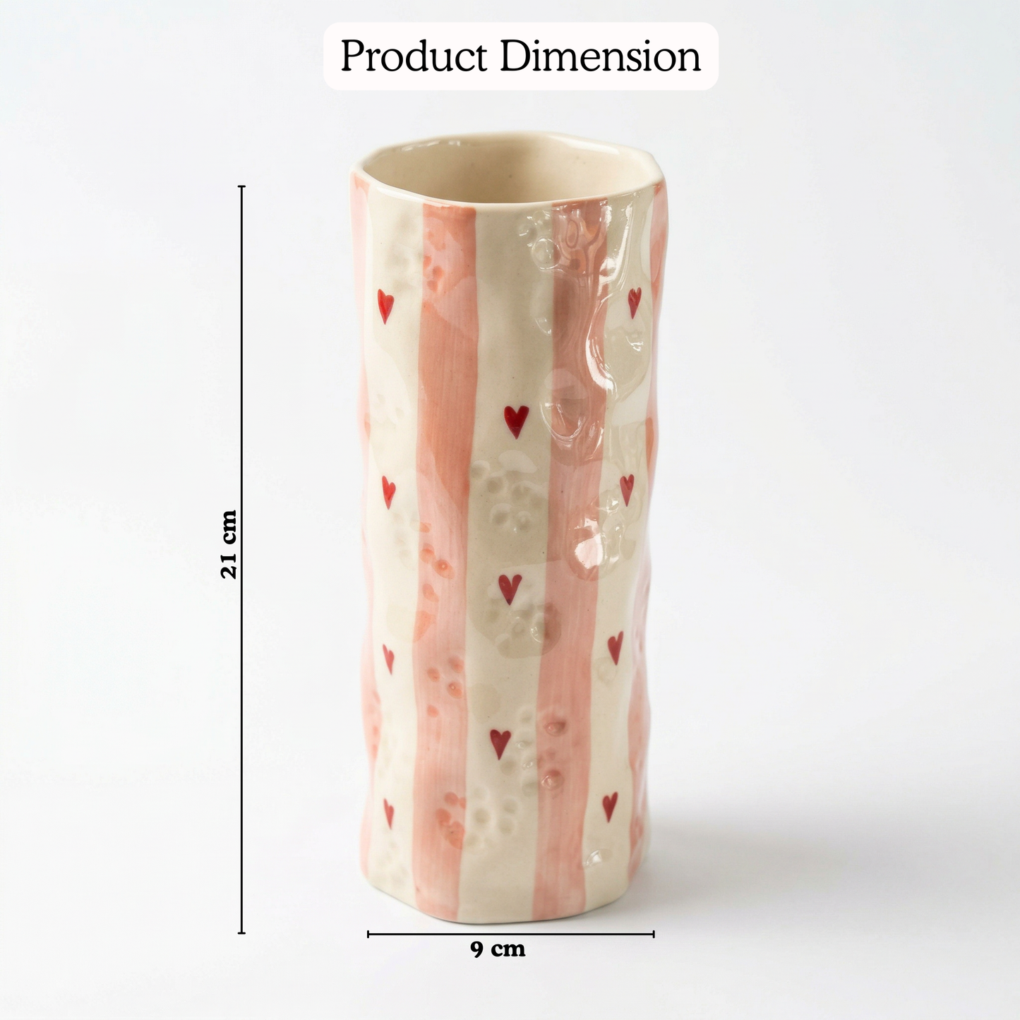 Heart Stripe Tumbler Vase handmade ceramic vase — detail view, Indian artisan craft | Mapland