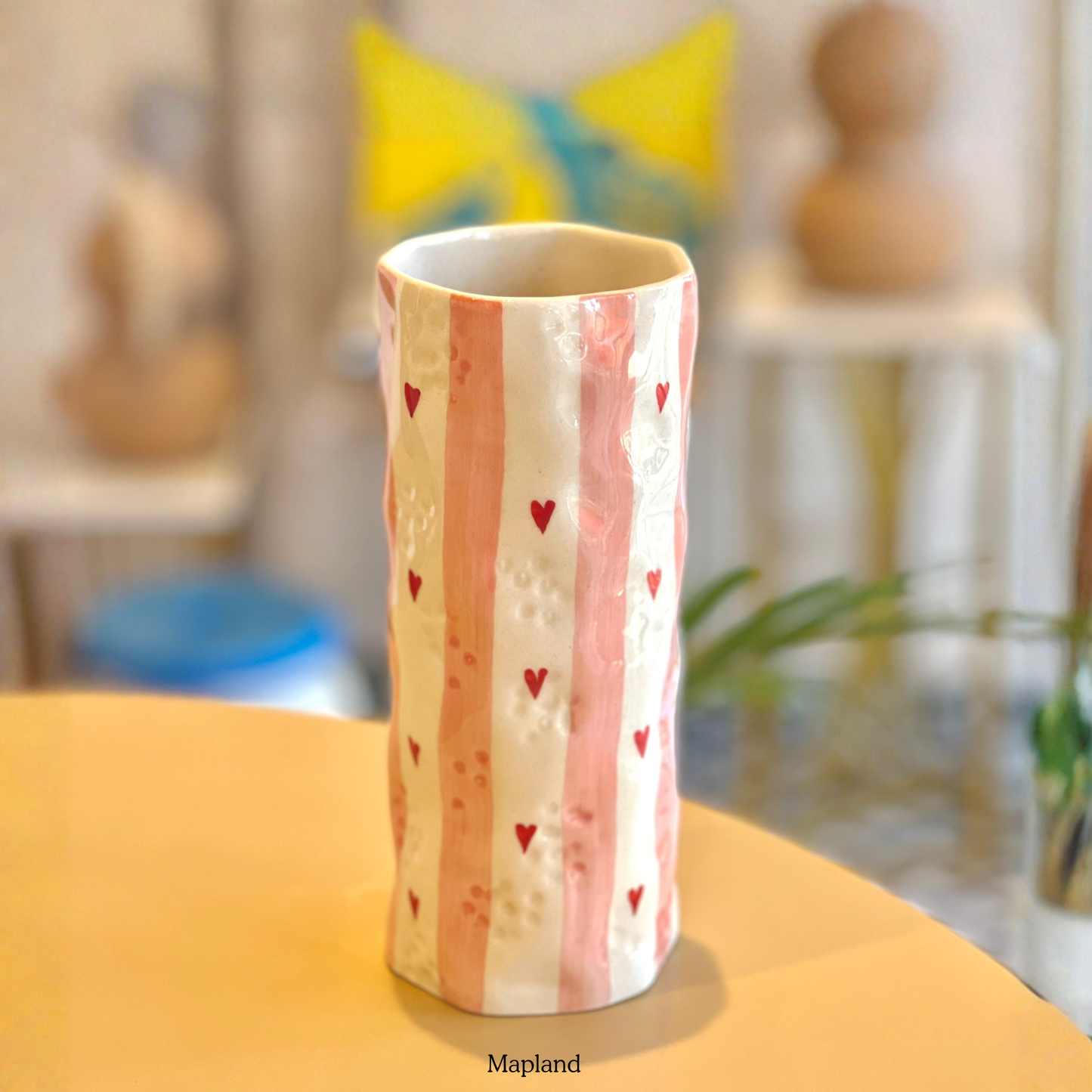 Heart stripe pattern tumbler-shaped handmade ceramic vase | Mapland Design Studio