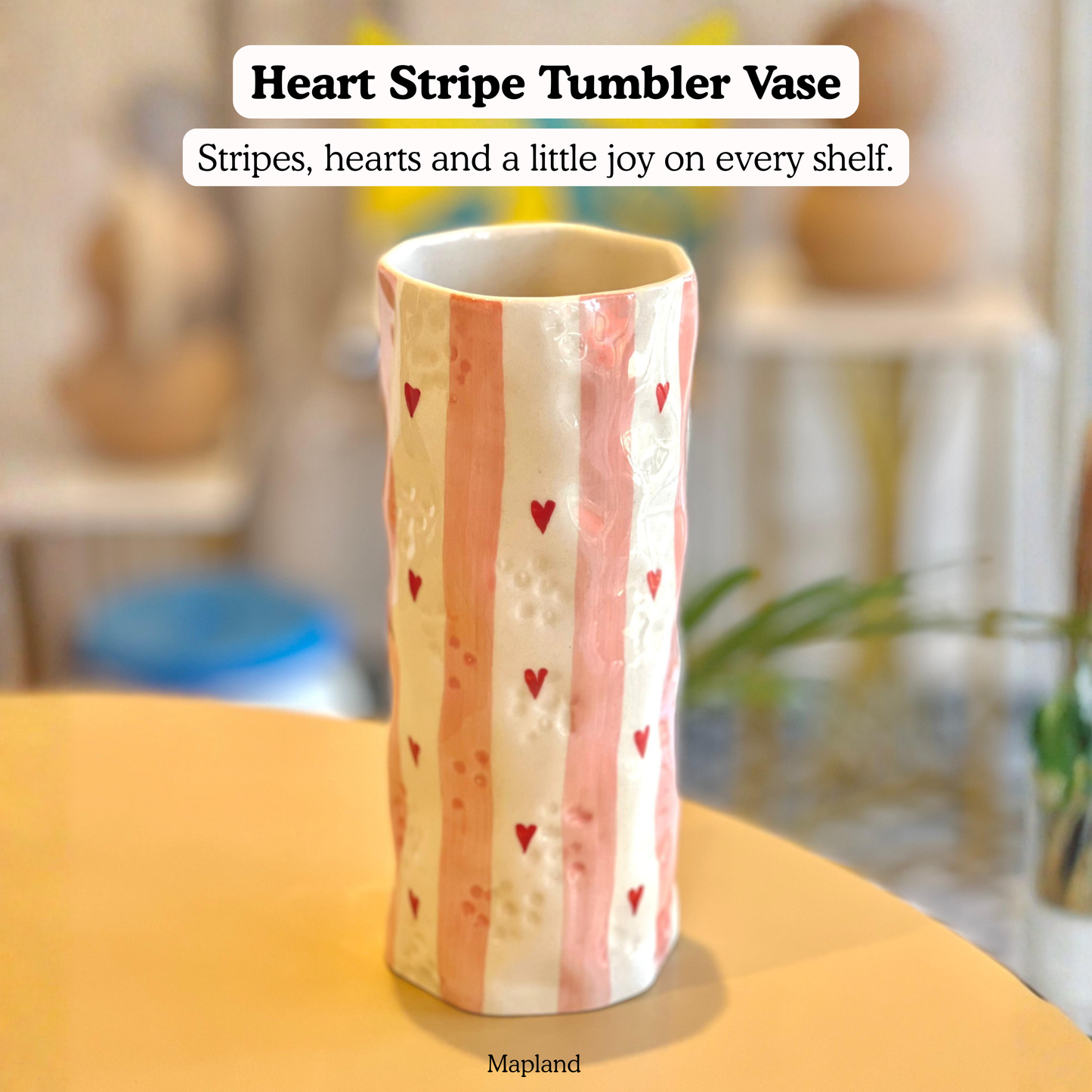 Heart Stripe Tumbler Vase handmade ceramic vase — side view, Indian artisan craft | Mapland