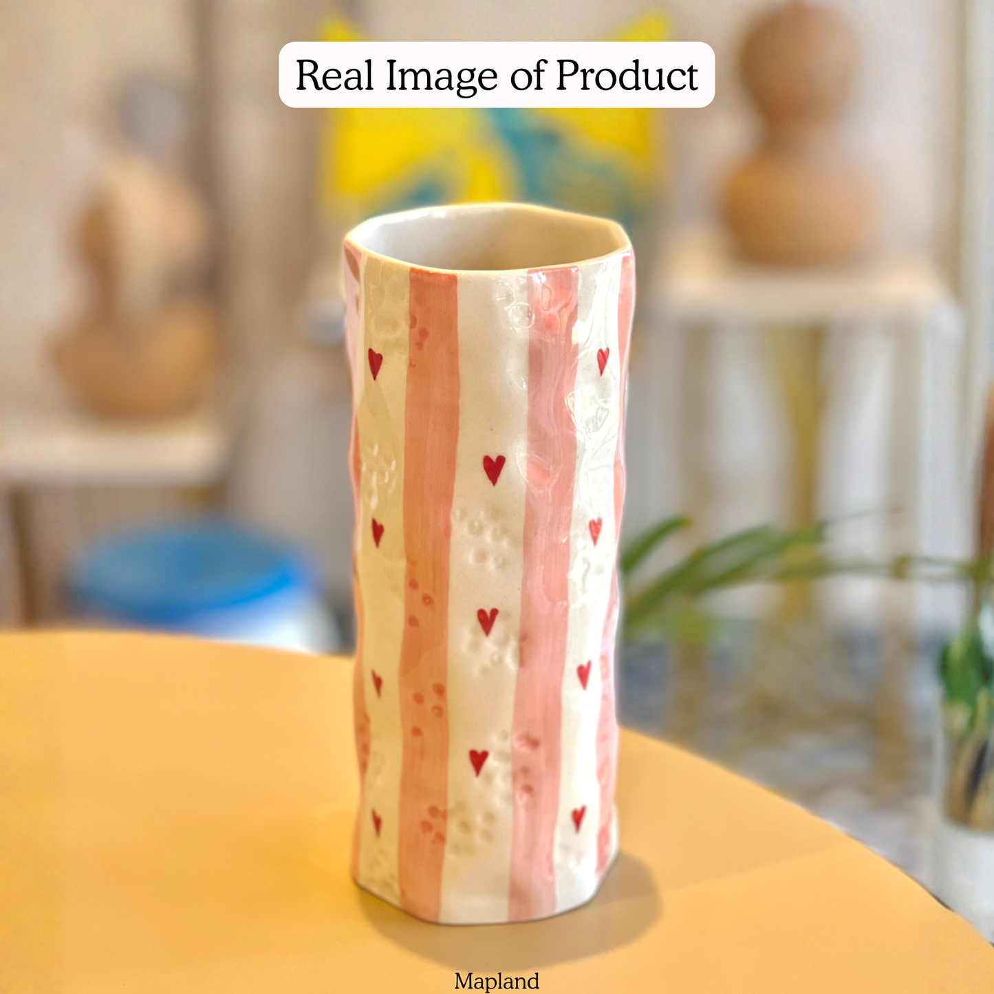 Heart Stripe Tumbler Vase handmade ceramic vase — angle view, Indian artisan craft | Mapland
