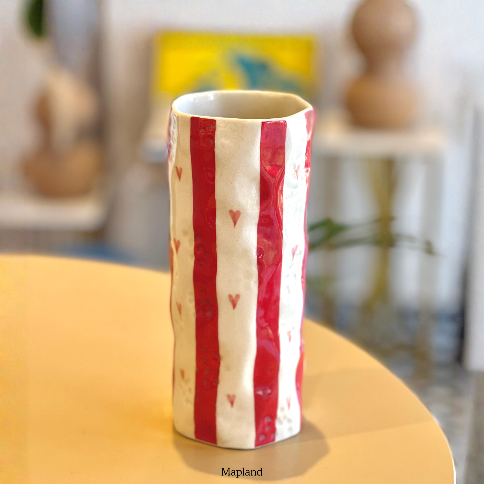 Heart Stripe Tumbler Vase handmade ceramic vase — top view, Indian artisan craft | Mapland