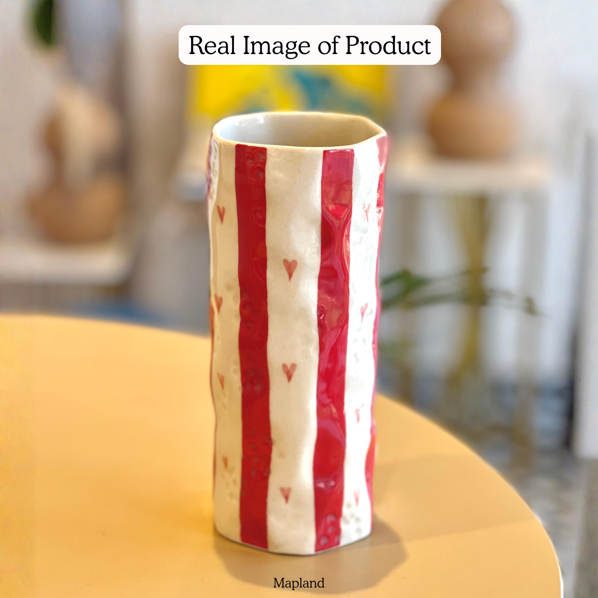 Heart Stripe Tumbler Vase handmade ceramic vase — detail view, Indian artisan craft | Mapland