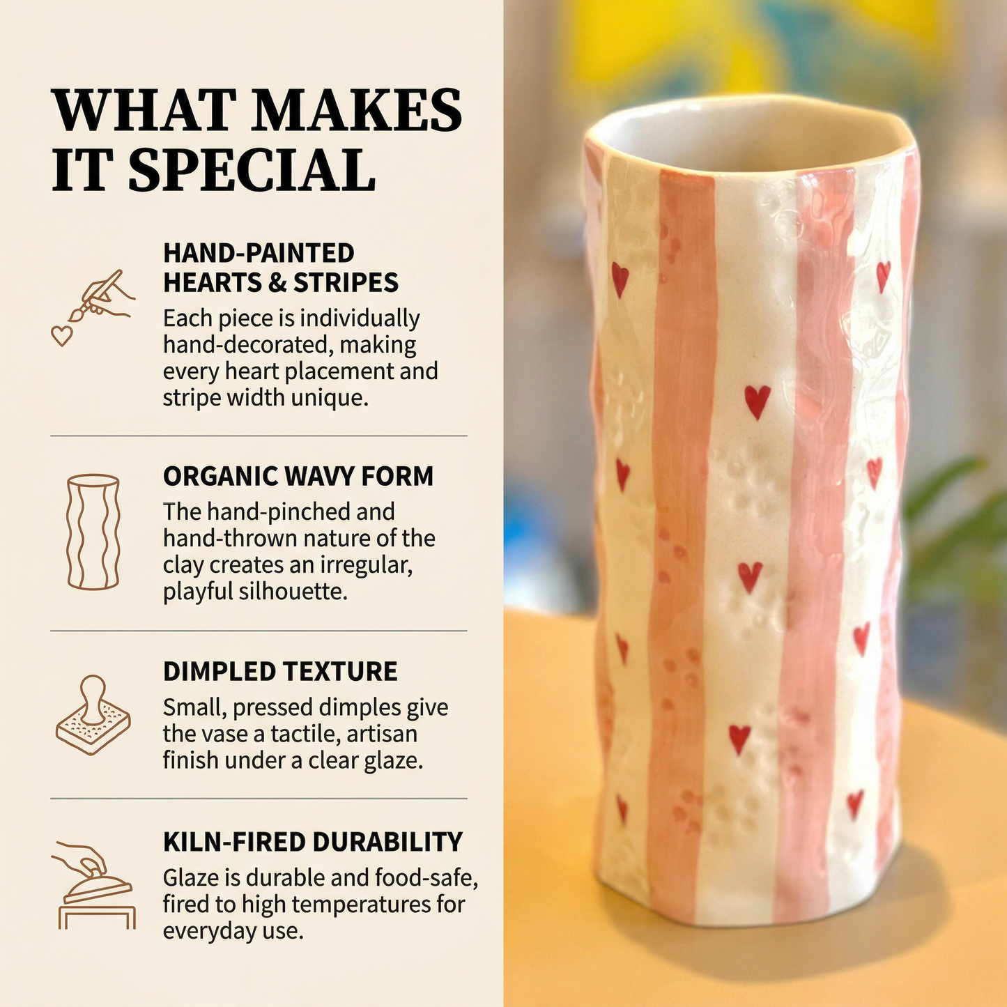 Heart Stripe Tumbler Vase handmade ceramic vase — lifestyle view, Indian artisan craft | Mapland