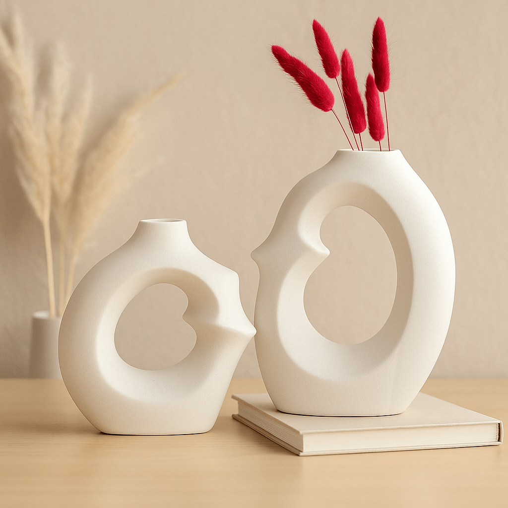 Modern Embrace Ceramic Vase Set – Abstract Sculptures with red decorative plants on a neutral background.