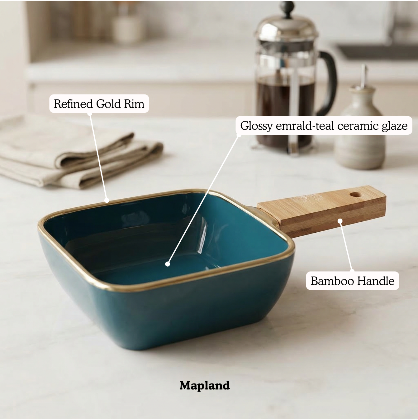 Jade Gold Ceramic Serving Dish with Bamboo Handle — side view — handmade artisan home decor | Mapland