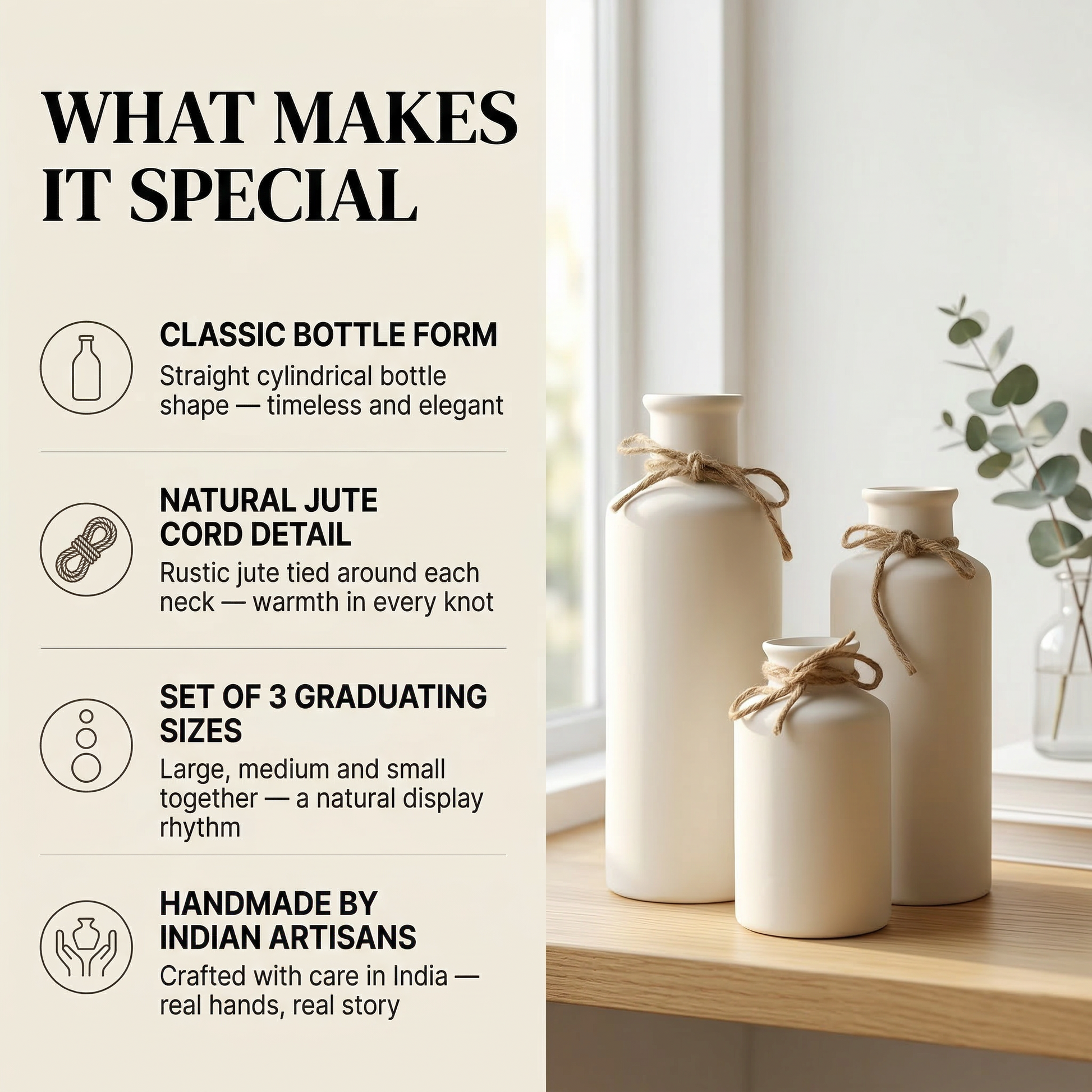 Kotoba Bottle Vase Set handmade ceramic vase — lifestyle view, Indian artisan craft | Mapland