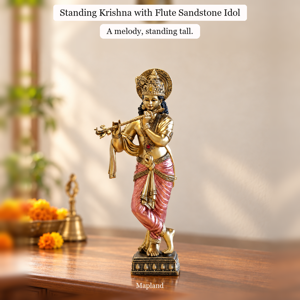 Standing Krishna with flute sandstone idol on a wooden console | Mapland