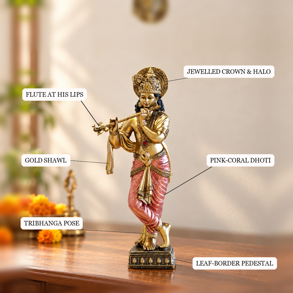 Standing Krishna idol crown, flute, shawl, dhoti and pedestal detailing | Mapland