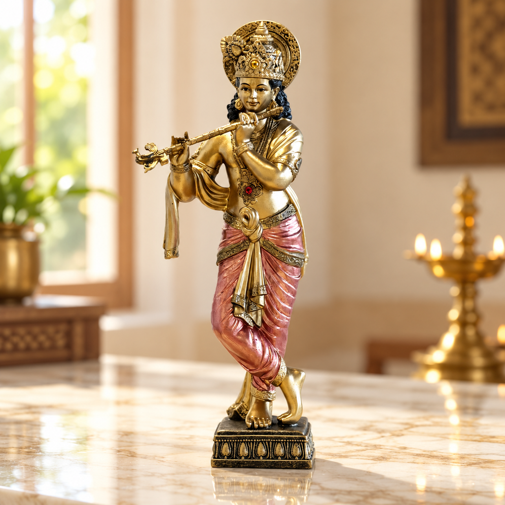 Standing Krishna with flute sandstone idol 12 inch, antique gold with pink-coral dhoti | Mapland