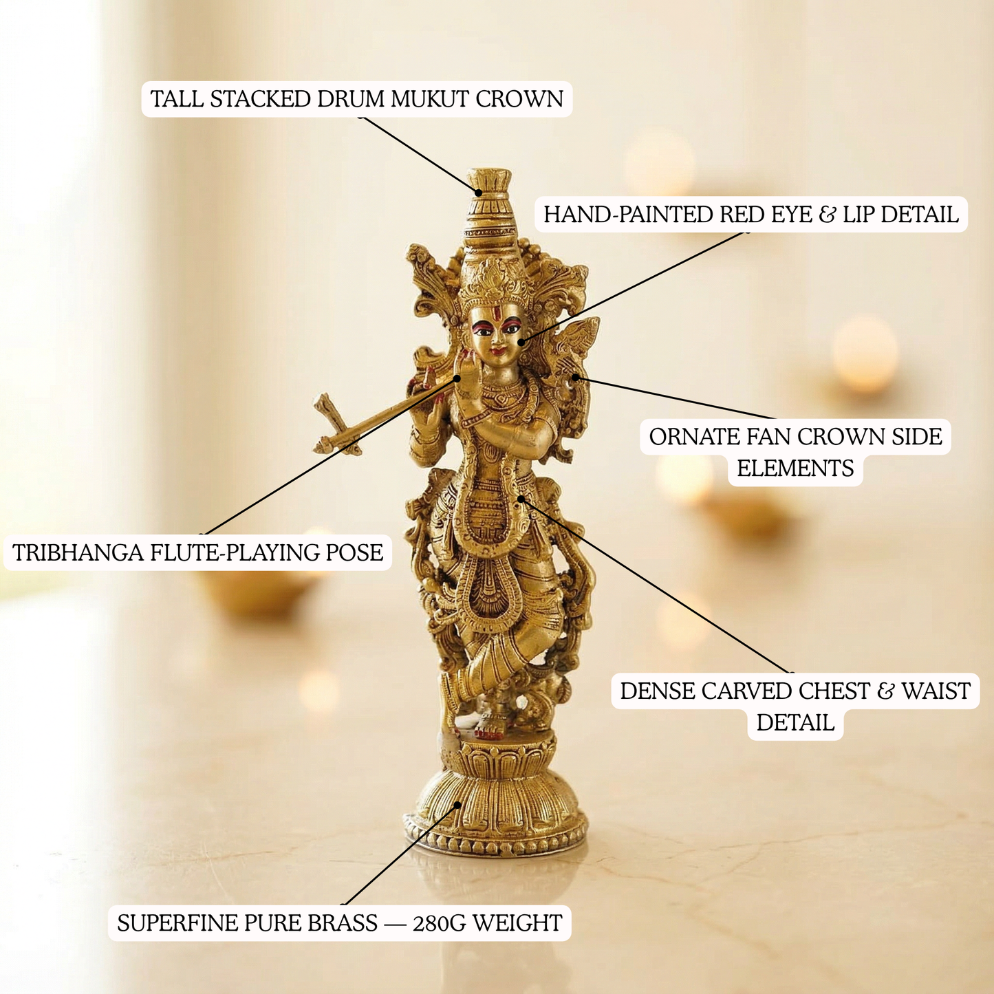 Krishna Murali brass idol hand-painted face detailing | Mapland