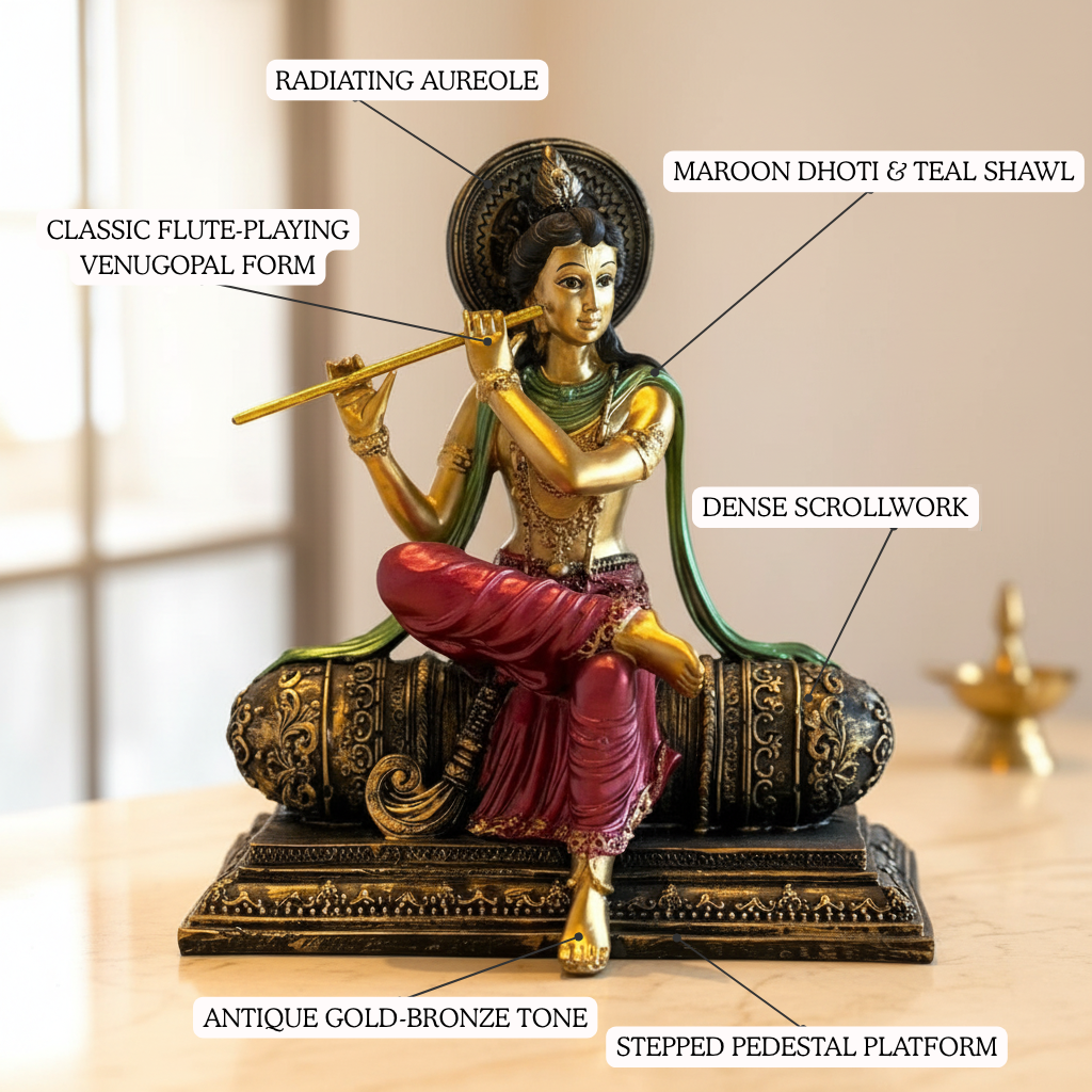 Krishna with Flute resin figurine radiating halo and bolster scrollwork detailing | Mapland