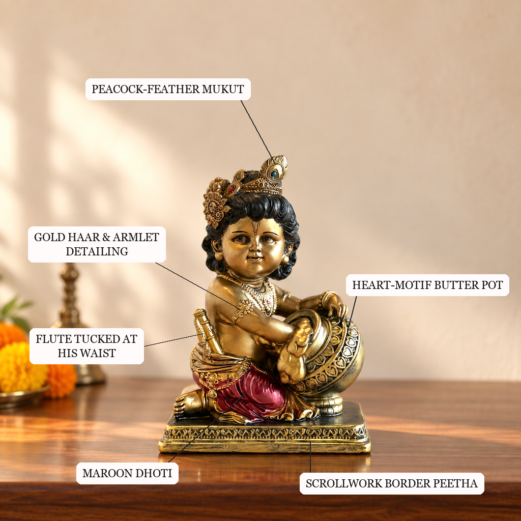 Laddo Gopal antique gold figurine mukut, butter pot and peetha detailing | Mapland