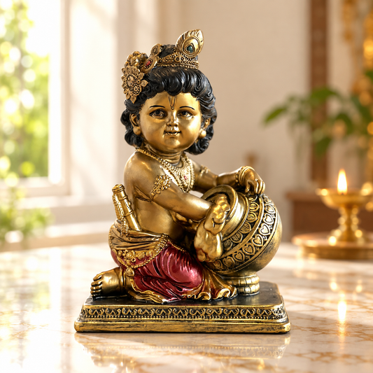Laddo Gopal sandstone figurine antique gold with maroon dhoti | Mapland