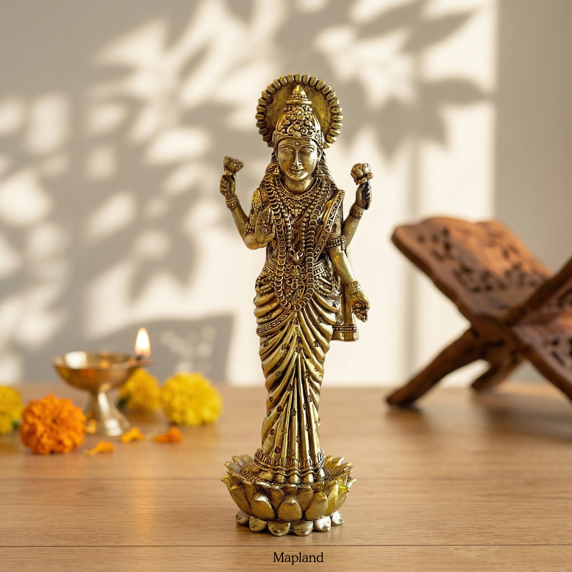Superfine pure brass standing Lakshmi idol Chaturbhuj lotus base | Mapland